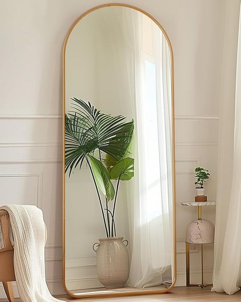 Gold Arches Mirror, Gold Rimmed Full Body Mirror, Bedroom Full Mirror Ideas, Gold Mirrors In Bedroom, Gold Mirror Room Aesthetic, Gold Tall Mirror, Beach Boho Room, Standup Mirror, Big Gold Mirror