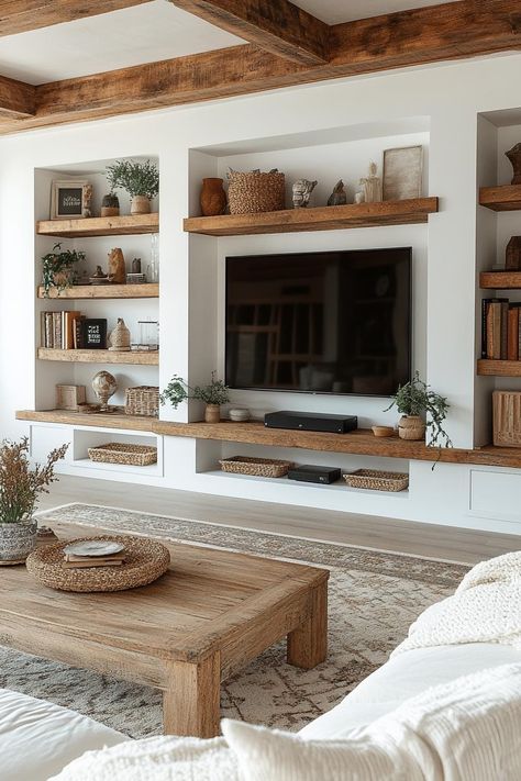 Living Room Inlet Ideas, Family Wall Living Room, Living Room Furniture Arrangement Ideas With Tv Above Fireplace, Home Decor Ideas Modern Elegant, Rustic Tv Room Ideas, Living Room Tv Wall Farmhouse, Boho Family Picture Wall, Tv Wall With Shelves On One Side, Wide Wall Decor Living Room