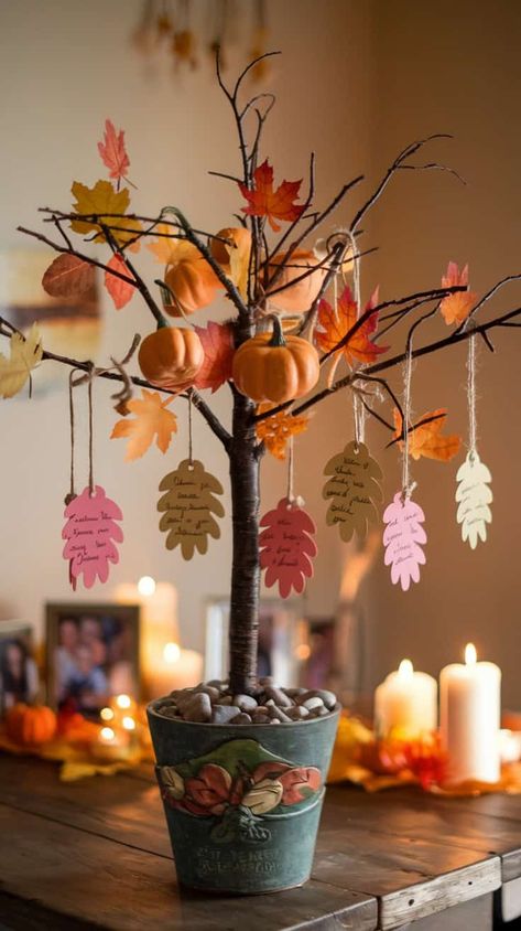 Thanksgiving Tree Ideas Thankful For, Thanksgiving 2024 Decor, Thanksgiving Homemade Decorations, Hosting Thanksgiving Decorations, Friendsgiving Hosting, Homemade Thanksgiving Decorations, Thanksgiving Diy Decorations, Rustic Thanksgiving Decor, Thanksgiving Diy Decor