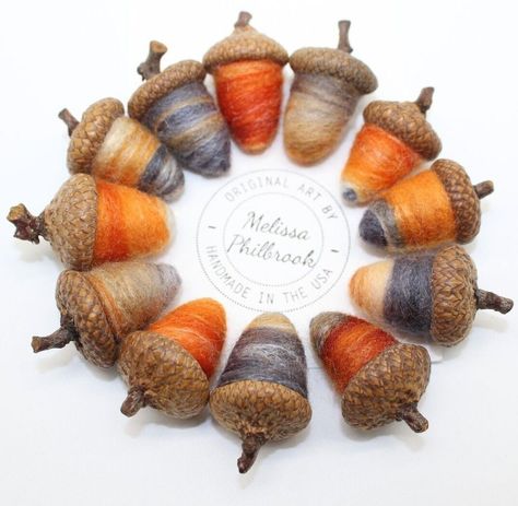 Get into the Halloween spirit with these Vintage Primitive Needle Felted Folk Art Acorns by Melissa Philbrook 🎃 Handmade with ethically sourced wool, bamboo and silk, these ornaments are a perfect addition to your Fall and Autumn decor! #HalloweenDecor #PrimitiveArt #FallDecor #Handmade #VintageAcorns 🍂🎨 

 #PrimitiveHalloween #Fall #wool #Homedecor #CopyrightMelissaPhilbrook #Artist #Signed #AMelissaPhilbrookDesign #Antiques #Autumn #USNorthwest #NaivePrimitive Acorn Crafts For Adults, Wool Decorations, Needle Felted Christmas Ornaments, Felted Tree, Felted Wool Acorns, Acorn Art, Acorn Painting, Wool Ornaments, Seed Craft