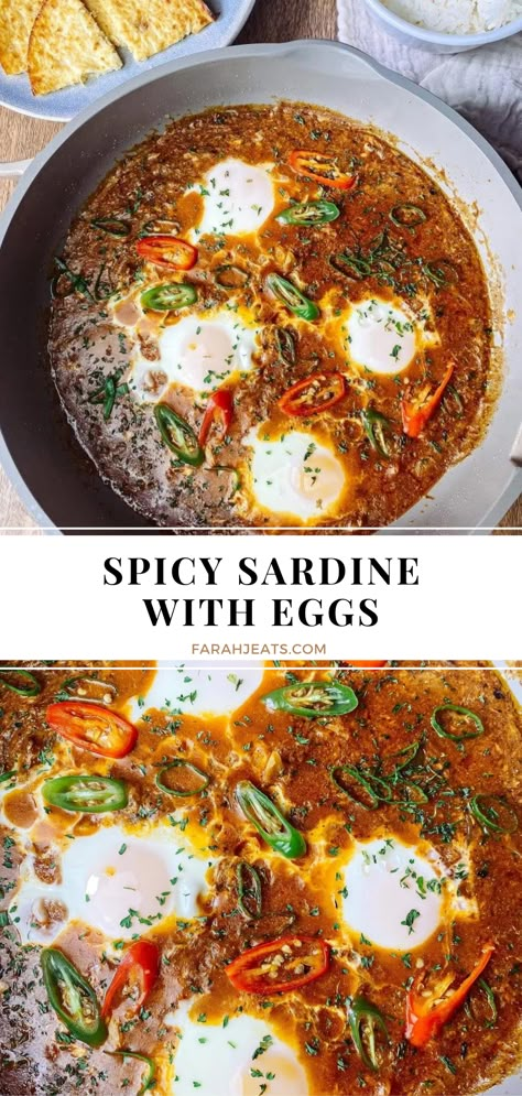 The top photo is spicy sardine with eggs in tomato sauce topped with cut chilis, served in a grey pot. Next to the pot is a plate of sliced flat bread, and a bowl of white rice. The bottom photo is a close up of the sardine dish. Air Fryer Sardines, Tin Fish Recipes Dinners, Fish And Eggs, Eggs And Sardines, Sardine Breakfast Recipes, Italian Sardine Recipe, How To Eat Sardines Ideas, Smoked Sardines Recipes, Meals With Sardines