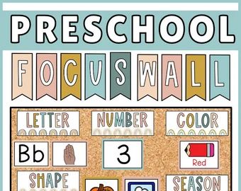 Boho Rainbow Classroom Theme Preschool, Boho Preschool Classroom Decor, Classroom Printables Decoration, Preschool Wall Decoration Ideas, Preschool Focus Wall, Classroom Decor Preschool, Circle Time Board, Preschool Classroom Themes, Alphabet Wall Cards