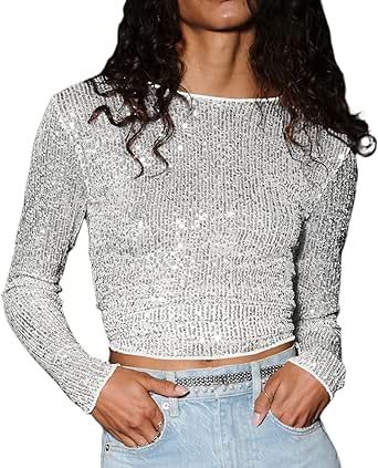 Pullovers For Women, Club Streetwear, Tøp Aesthetic, Glitter Shirt, Sequin Crop Top, Ball Drop, Mirror Ball, Streetwear Aesthetic, Long Sleeve Sequin