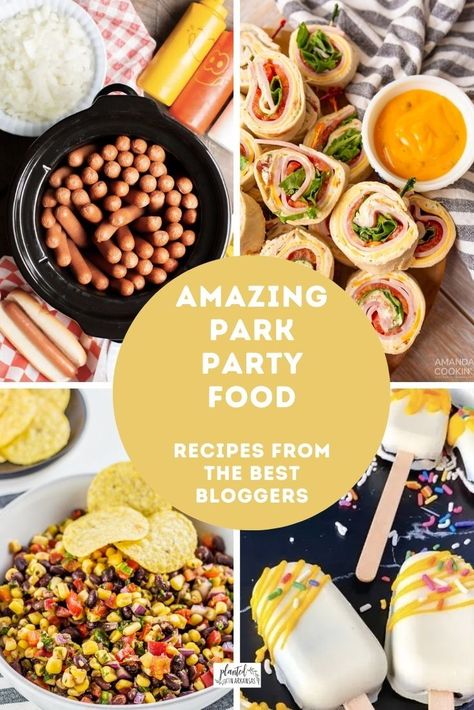 Enjoy these park birthday party food ideas! Easy park party food ideas include chicken salad sandwiches, pinwheel sandwiches, buffalo chicken sandwiches, etc. You can't go wrong with slow cooker hot dogs for a crowd or Insta Pot hot dogs! You will also find savory dip like buffalo chicken dip, walking tacos, black bean salsa. For a birthday party at the park, you will enjoy Funfetti dip and cakesicles that look like ice cream! Party at the park food ideas should be fuss free! (affiliate links) Park Birthday Party Food Ideas, Park Birthday Party Food, Park Party Food Ideas, Park Party Food, Hot Dogs For A Crowd, Party Food Ideas Easy, Birthday Party Meals, Outdoor Party Foods, Park Birthday Party