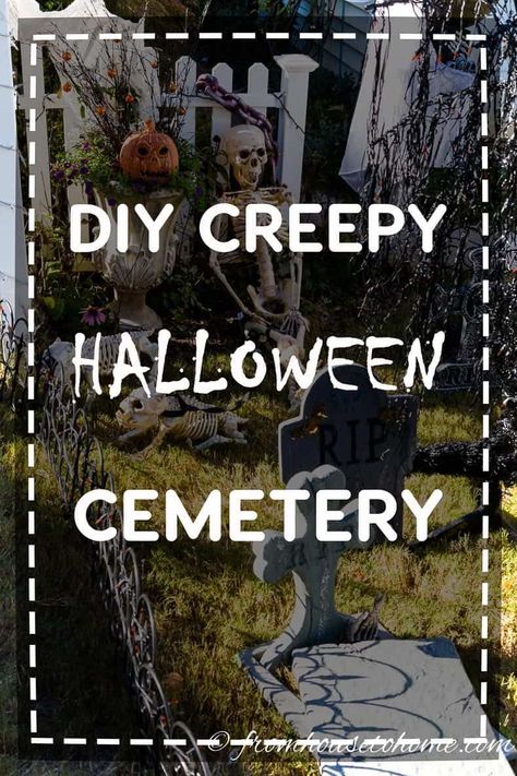 Find out how to create a Halloween cemetery for your yard haunt. All kinds of ideas for Halloween outdoor decorations. #entertainingdiva #yardhaunt #halloweendecor #halloween #halloween #halloweenoutdoordecor #halloweendecor Diy Halloween Pillars, Halloween Graveyard Ideas, Diy Halloween Graveyard, Halloween Fence, Halloween Gravestones, Halloween Cemetery, Haunted Graveyard, Halloween Haunted House Decorations, Haunted House Decorations