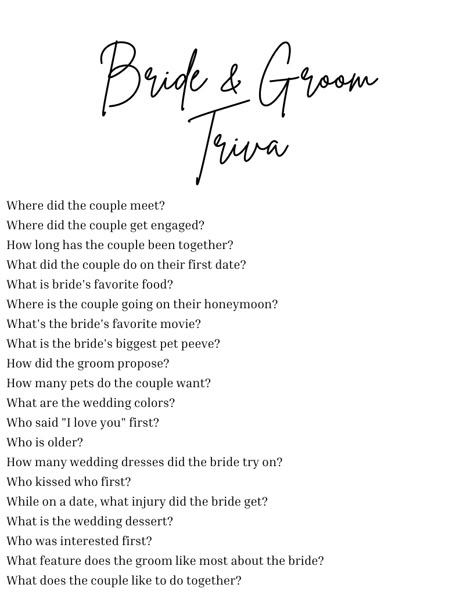 Bridal Shower Games Bride Or Groom, Him Vs Her Bridal Shower Game, Fun Facts About Bride And Groom Ideas, Wedding Shower Jeopardy Questions, Groom Games Wedding Parties, Wedding Games For Small Wedding, Bridal Shower Games Questions For Groom, Groom Knows Bride Game, Facts About The Bride And Groom