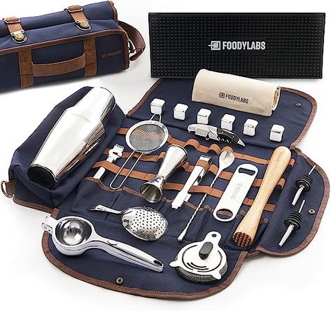 Amazon.com: Travel Mixology Bartender Kit | 24 Pieces Deluxe Barware Tool Sets with Cocktail Shaker | Portable Bar Tools Bartender Tool Kit in Foldable Canvas Bag | Ultimate Travel Bar set - Bonus Bar Mat: Home & Kitchen Alcohol For A Crowd, Travel Bar Set, Camp Cookware, Bartender Set, Bartending Kit, Bartender Kit, Bartender Tools, Travel Bar, Glass Wear