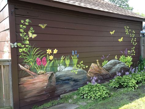 Backyard Decoration Ideas, Painted Shed, Outdoor Garage, Garden Fence Art, Garage Wall Decor, Garden Mural, Flower Mural, Exterior Paint Color, Fence Art