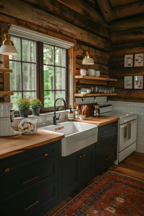 Log Cabin Farmhouse Style Kitchen, Log Cabin Modern Kitchen, Log Home Inspiration, Log House Kitchen Modern, Small Modern Cabin Kitchen, Cabin Chic Kitchen, River Cabin Interior, Small Cabin Interiors Rustic Simple, Simple Cabin Interior