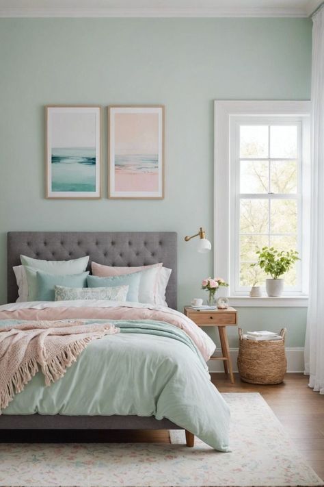 Light Turquoise Bedroom Walls, Light Mint Bedroom, Grey And Mint Bedroom, Bedroom Ideas Mint Green, Mint Green Room Aesthetic, Mint Bedroom Walls, Grey And Aqua Bedroom, Mint Bedroom Ideas, Modern White Bedroom Ideas