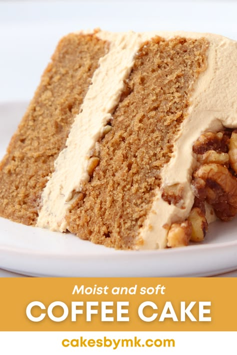 a slice of coffee cake Super Moist Coffee Cake Recipes, Vanilla Cake With Coffee Buttercream, Coffee Moist Cake, Old Fashioned Coffee Cake Recipes, Coffee Cake Frosting, Coffee Slice Recipe, Coffee Cake Moist, Coffee Layer Cake Recipes, Best Coffee Cake Recipes Moist