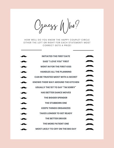 He Said She Said Bridal Shower Game | Free Printable Template Printable Bridal Shower Games Free, Bridal Shower Games Funny Interactive, Hilarious Bridal Shower Games, Engagement Party Games Printables, Couples Shower Games, Bridal Shower Games Free Printables, Couples Wedding Shower Games, Bridal Shower Games Funny, Couples Quiz