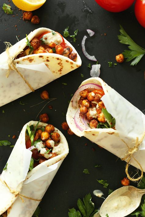 AMAZING 30-minute HEALTHY Chickpea Shawarma Wraps with a simple Garlic Dill Sauce! An easy, weeknight #vegan #plantbased meal! #healthy #recipe #mediterranean #minimalistbaker Garlic Dill Sauce, Chickpea Shawarma, Shawarma Sandwich, Spring Recipes Dinner, Protein Lunch, Minimalist Baker, Spring Dinner, Meatless Dinner, Dill Sauce