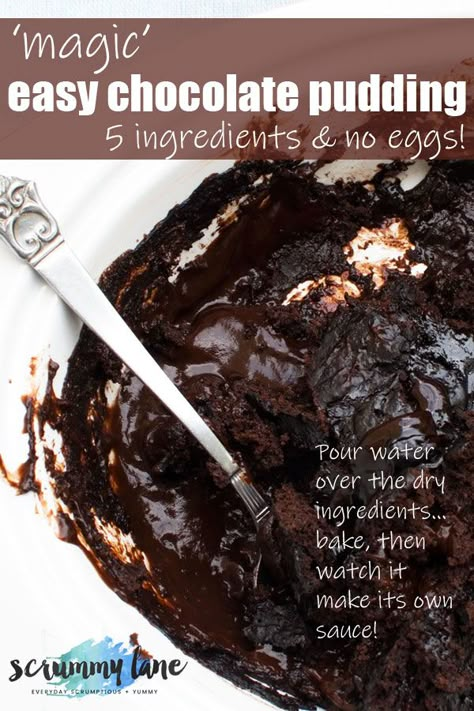 Welcome to your new favourite crowd pleasing dessert! You need just 6 ingredients to make this quick and easy chocolate self saucing pudding. Bonus - it's quite low in sugar and contains no eggs! #easychocolatedesserts #selfsaucingpudding #scrummylane #chocolate No Egg Pudding Recipe, Self Sauce Chocolate Pudding, Dessert No Eggs Easy, Easy Baked Pudding Recipes, Easy Puddings Quick, Chocolate Self Saucing Pudding Easy, Eggless Chocolate Pudding, Desert For Crowd, Quick And Easy Pudding Recipes