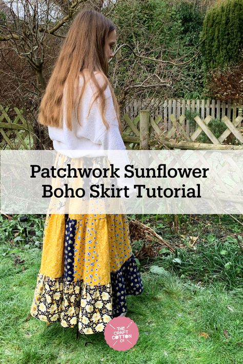 Do you want to start sewing your Summer Wardrobe ? Try out this gorgeous Boho Patchwork Skirt. Boho Maxi Skirt Pattern, Boho Patchwork Skirt, Easy Boho Sewing Projects, Diy Boho Skirt Tutorials, Hippie Skirt Sewing Pattern, Sew Boho Skirt, How To Sew An A Line Skirt, Diy Patchwork Skirt Pattern, Scrap Skirt Diy