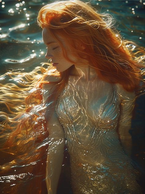 Redhead Mermaid Aesthetic, Ginger Mermaid, Ocean Fairy, Queen Of Fire, Golden Mermaid, Mermaid Lagoon, Enchanted Wood, Water Nymphs, Mermaid Painting