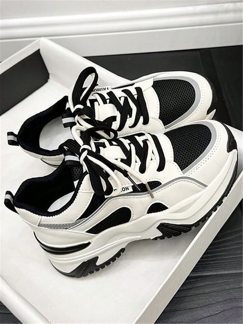 Black and White Collar Embellished Women Shoes Shoes For Women Black And White, Cute Black And White Shoes, Cute Shoes For Women Sneakers, Black And White Shoes Aesthetic, Black And White Shoes Women, Tomboy Shoes, Shoes For Girls Sneakers, Big Sneakers, Gym Shoes For Women