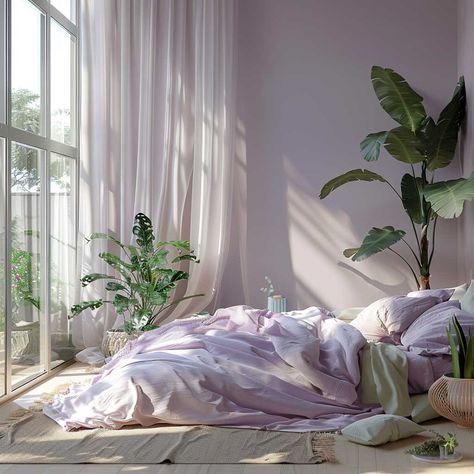 Lilac And Green Interior, Sage And Lavender Bedroom Aesthetic, Lilac And Green Bedroom, Violet Bedroom Ideas, Green And Lilac Bedroom, Sage Green And Lavender Bedroom, Green And Lavender Bedroom, Light Purple Bedroom Walls, Grey Purple Bedroom