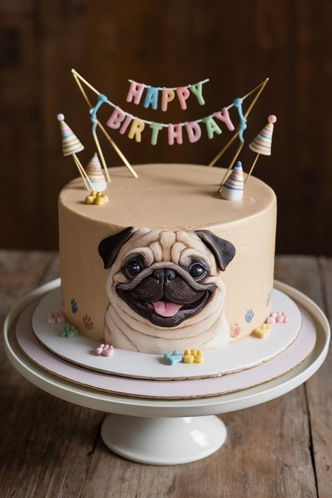 Cheerful Pug Cake Designs for a Memorable Birthday Pug Birthday Cake Ideas, Pug Party Ideas, Pug Cake Topper, Pug Themed Birthday Party, Birthday Cake Dog Design, Dog Birthday Cake Design, Birthday Cake Puppy, Pug Birthday Party, Dog Cake Design