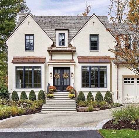 Copper Roof House, French Country Exterior, Cedar Shake Roof, Shake Roof, Exterior Home Design, Copper Roof, White Brick, Painted Brick, House Roof