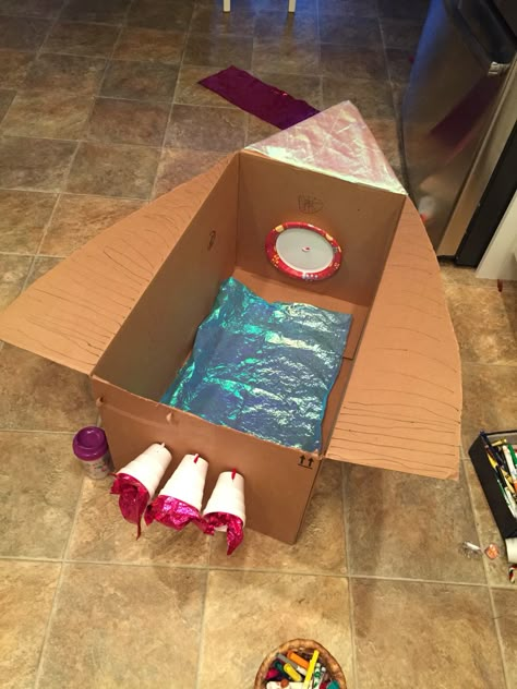 Diy Box Rocket Ship, Rocket Ship Box Diy, Toddler Rocket Ship Craft, Nugget Rocket Ship Build, Rocket Ship Out Of Boxes, How To Make A Rocket Ship Out Of Boxes, Rocket Ships Preschool, Preschool Rocket Ship Activities, Make A Rocket Ship For Kids