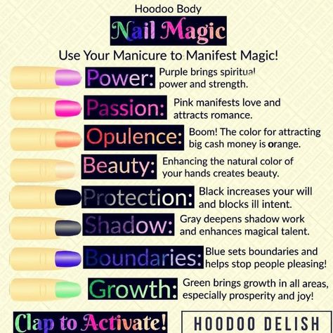 Acrylic Nail Designs Spiritual, Nail Colors For Manifesting, Nail Color Magick, Witch Nail Color Meaning, What Nail Colors Mean, Nail Magic Witch, Colorful Witchy Nails, Nail Color Manifestation, Nail Shape Meaning