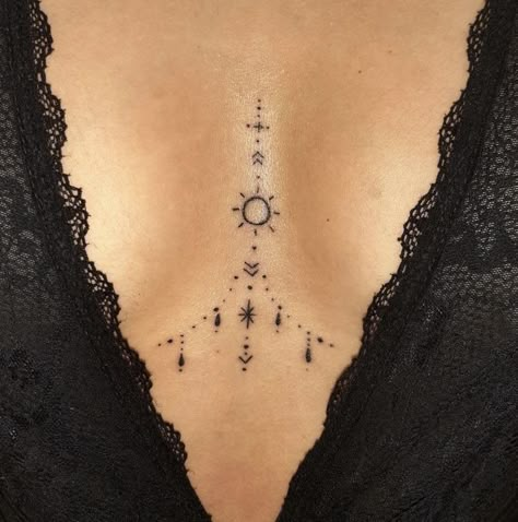 Chandelier Tattoos For Women Chest, Tattoos In The Middle Of Chest Women, In Between Breast Tattoos For Women, Tattoo Breastbone Women, In Between Chest Tattoo Female Simple, Tattoo Middle Of Chest Women, Yes Sir Tattoo, Simple Sternum Tattoo, Abdomen Tattoos Women