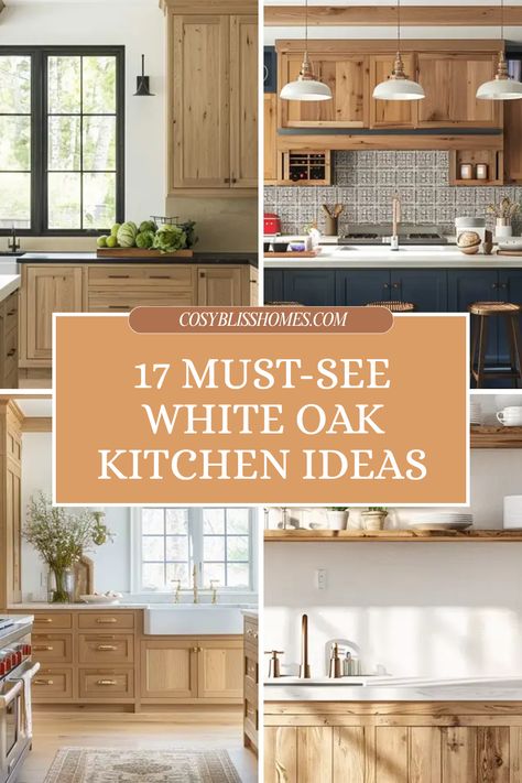 If you're dreaming of a warm, inviting kitchen, these 17 white oak ideas are exactly what you need! From sleek modern designs to cozy shaker-style accents, there's inspiration for everyone. Discover how light and dark harmonize effortlessly and explore bold color contrasts that make spaces pop! Plus, learn how open shelving can create a fresh and airy feel in your kitchen. Get ready to transform your home with these stunning white oak designs that blend beauty and functionality seamlessly. Perfect for any remodel! Grey And White Oak Kitchen, White Oak Cabinets Gold Hardware, Shaker Oak Kitchen, Natural Wood And Cream Kitchen, White And Birch Kitchen, White Oak And Navy Kitchen, White Light Wood Kitchen, Kitchen Light Oak Cabinets, Kitchens With White Oak Floors