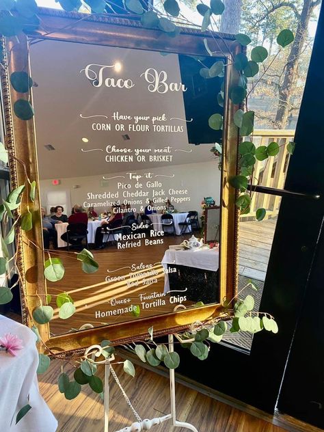 Wedding Menu Taco Bar, Taco Bar Wedding Sign, Tacos Wedding Reception, Taco Bar Buffet Set Up Wedding, Taco Bar At Wedding, Wedding Taco Bar Setup Ideas, Reception Taco Bar, Wedding Reception Taco Bar, Taco Bar For Wedding