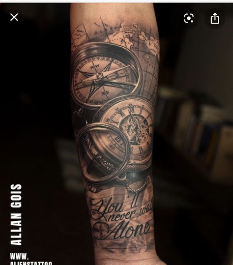 Travel Compass Tattoo, Tattoos Mountains, Tattoo Ideas Travel, Aliens Tattoo, Nautical Tattoo Sleeve, Gear Tattoo, Compass Tattoos, Men Tattoo Ideas, Mother Nature Tattoos