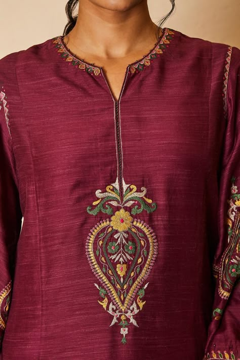 Buy Sue Mue Wine Tussar Georgette Thread Work Embroidered Kurta Salwar Set Online | Aza Fashions Hand Work Embroidery Kurti, Top Lehenga, Eastern Fashion, Embroidery Dresses, Hand Embroidery Dress, Short Kurta, Embroidery On Kurtis, Kurti Embroidery Design, Notched Neckline