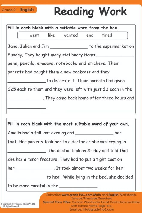 A series of Reading Comprehension Worksheets for second grade (2nd Grade). Students read the passage and fill in the blank space with suitable words given. Subscribe to www.grade1to6.com for just $25 a year to get 6000 plus Maths and English worksheets for Grade 1 to Grade 6 #mathworksheets #schoolprincipals #englishworksheets Year 2 English Worksheets, English Worksheets For Grade 1, Worksheets For Second Grade, Read The Passage, Worksheets For Grade 2, Cloze Passages, 2nd Grade Reading Worksheets, Worksheets For Grade 1, Creative Writing Worksheets