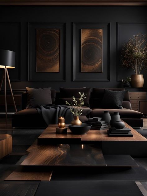 Dark Living Room Decor, Dark Living Room, Moody Living Room, Moody Home, Brown Rooms, Dark Living Rooms, Black Living Room, Dark Home Decor, Dark Home