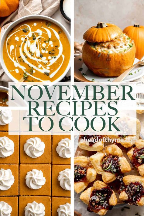 Coconut Curry Pumpkin Soup, Hearty Soups And Stews, November Recipes, Comforting Meals, Fun Thanksgiving Desserts, Thyme Recipes, Butternut Squash Salad, Leftover Cranberry Sauce, Olive Oil Recipes