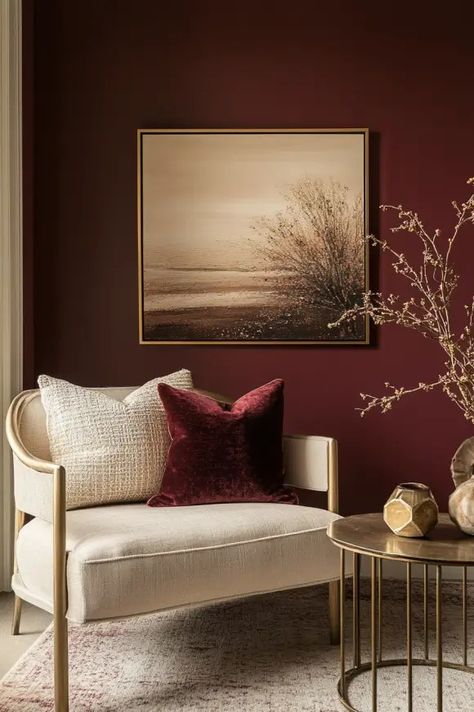 Top 7 Accent Wall Colors for a Cozy Fall Living Room - Blog by Cavelights Pink And Maroon Living Room, Cranberry Living Room Ideas, Dark Burgundy Living Room, Maroon Accent Wall Living Room, Rust Accent Wall Living Room, Burgundy Furniture Living Room, Living Room Trim Colors, Burgundy And Cream Living Room, Burgundy And Pink Living Room