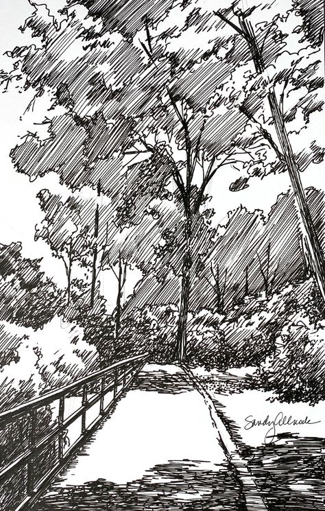 Landscape Hatching Drawing, Pen People Drawing, Black Pen Landscape Drawing, Architecture Nature Drawing, Pen Nature Drawings, Ink Sketch Landscape, Ink Drawing Tattoo, Ink Illustrations Landscape, Path Ink Drawing