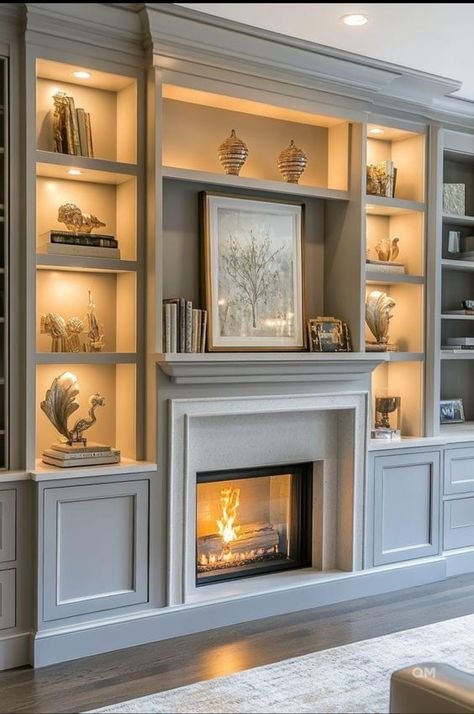 Tv Wall In Living Room Ideas, Built In Fire Places Ideas, Electric Fireplace With Built In Shelves, Closed Cabinets Around Fireplace, Living Room Bookcases Built Ins, Library With Fireplace Bookshelves, Bookcase Fireplace Wall Built Ins, Bookshelves Next To Fireplace, Cabinets Beside Fireplace