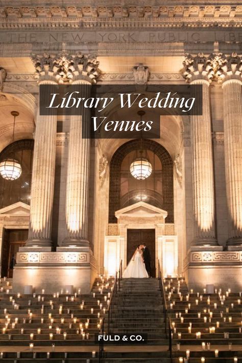 Library wedding venues offer a cozy atmosphere with plenty of natural lighting and unique architectural details. Depending on the size of your wedding guest list, you may choose a local historic library or a larger institutional building. We’ve put together a list of our top ten favorite library wedding venues in the United States. These libraries are filled with carved wood details, dramatic staircases, and impressive chandeliers. Visit our blog to find your perfect library wedding venue! Library Wedding Venue Ideas, Nyc Library Wedding, Ny Public Library Wedding, Aesthetic Wedding Venues Indoor, Evergreen Museum And Library Wedding, Wedding In A Library, Wedding In Library, Peabody Library Wedding, George Peabody Library Wedding