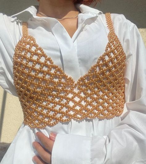 Excited to share the latest addition to my #etsy shop: Unique Bronze Pearl Crop Corset Top, Beaded Chain Lace Bralette, Rave Outfit, Hand Braided Pearl Body Chain for Woman https://etsy.me/3ZbsBEv #pearltop #beadedbralette #bronzepearlcrop #pearlbralette #uniquecorsett Beaded Top Outfit, Pearl Body Chain, Beads Clothes, Hand Beaded Bag, Step By Step Crochet, Crochet Bralette, Rave Outfit, Beaded Jewelry Tutorials, Beaded Handbag