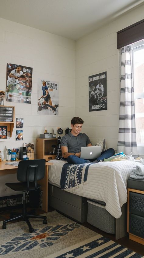 Explore the best dorm room ideas for guys to create a stylish and functional space! From a cozy dorm bed to essential dorm room items, get inspired while preparing for college. Dorm Room Men Ideas, Guys Dorm Room Aesthetic, College Dorm Ideas For Guys, Men Dorm Room Ideas, Men’s Dorm Room Ideas, Masculine Dorm Room, Guy College Dorm Room Ideas, Boy Dorm Room Ideas Colleges, Freshman Dorm Room Ideas