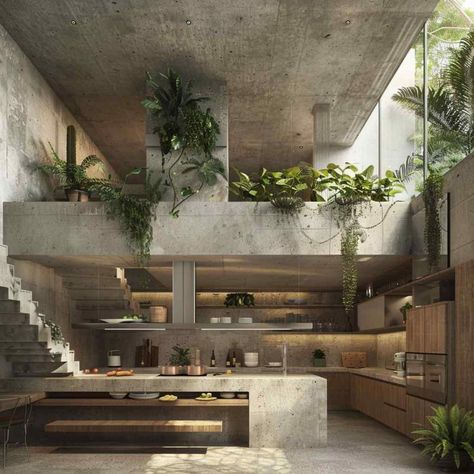 Brutalist Design Interior, Industrial Design Architecture, Industrial Tropical Interior Design, Tropical Brutalism Architecture, Industrial Tropical Interior, Modern Concrete Interior Design, Brutalist Architecture House, Industrial Tropical House, Eco Brutalism Interior