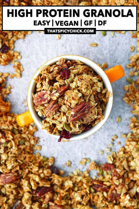 Made with nuts, seeds, and sweetened with maple syrup, this easy to make High Protein Granola gets a boost of protein from vanilla protein powder. It’s vegan, gluten-free, and the perfect breakfast with yogurt or milk and fruit to kick off your morning with an energetic start! #granola #breakfast #highproteinbreakfast #snack #healthy #vegan #easy #highprotein #homemadegranola glutenfree | That Spicy Chick High Protein Granola Recipe, Breakfast With Yogurt, Low Calorie Granola, Protein Granola Recipe, Granola Calories, High Protein Granola, Gluten Free Granola Recipe, Vanilla Granola, Granola Recipe Healthy