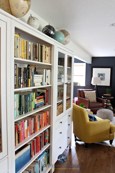 Ideas to display a book collection in a family room with Ikea white Hemnes bookcases. Kylie M INteriors e-decor Hemnes Living Room Ideas, Ikea Library Ideas, Ikea Library, Ikea Hemnes Bookcase, Living Room Ikea, Navy Living Room, Hemnes Bookcase, Kylie M Interiors, Navy Living