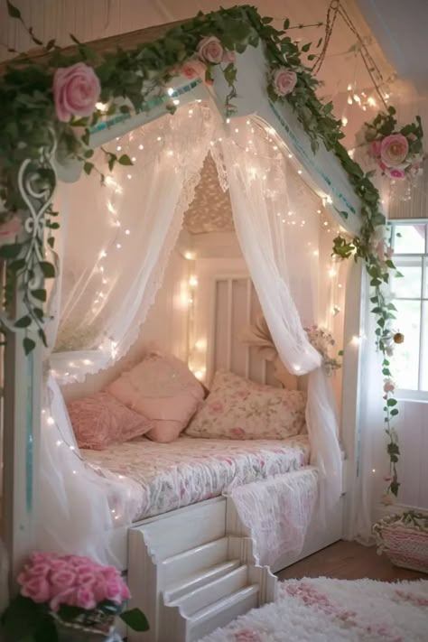 25 Magical Fairy Bedroom Ideas for a Touch of Whimsy - Roomy Retreat Diy Bedroom Chandelier, Dream Room Makeover, Fairy Cottage Core Bedroom, Secret Garden Bedroom Ideas, Room Ideas Aesthetic Fairy, Soft Room Ideas, Aesthetic Rooms Bedrooms, Girly Bedroom Ideas For Kids, Fairy Theme Bedroom