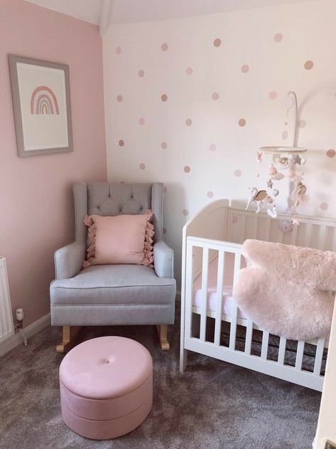 Baby Girl Nursery Room Pink, Pink Polkadot Nursery, Pink And Polka Dot Bedroom, Pink Polka Dot Nursery, Natural Wood And Pink Nursery, Pink Room For Toddler Girl, Toddler Bedroom Girl Pink, Pink Room Toddler, Pink And Grey Baby Room