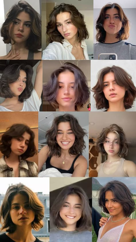 Because it is curly, cut to sholder, and it will shrink to chin lenghth! Chin Length Hair Wavy Curls, Short Modern Haircuts For Women, Short Hair With Movement, Short Hair Styles Middle Part, Short Wavy Hair Thick, Pretty Haircuts Short, Wavy Short Hair With Layers, Chin Length Hair No Bangs, Rapunzel Cut Hair