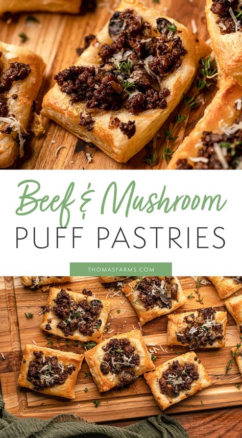 Tempt your taste buds with our Ground Beef and Mushroom Puff Pastries. Sautéed onions and mushrooms mingle with savory ground beef, infused with aromatic thyme and a touch of balsamic vinegar. Encased in flaky puff pastry, these golden parcels emerge from the oven, radiating warmth. With a sprinkle of Gruyere cheese, each bite is a delightful combination of flavors, making these pastries a cozy, comforting treat for crisp autumn days. Click to see the full recipe! Ground Beef Puff Pastry Recipes, Beef Mushroom, Sautéed Onions, Puff Pastries, Savory Pastry, Gruyere Cheese, Puff Pastry Recipes, Crisp Autumn, Beef Recipes Easy