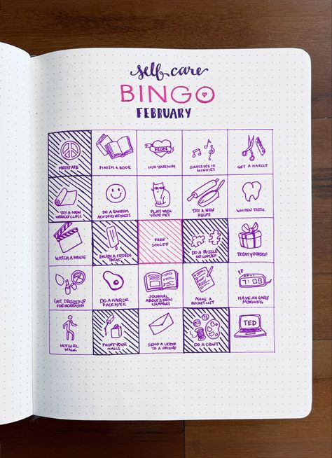 Self care bingo bullet journal layout inspiration or idea to prioritize making time for yourself throughout the month — works best if you customize it with activities that you love or have been wanting to do or try Bujo Day Layout, Ideas For Planner Pages, Bingo Scrapbook Layouts, Journal Pixel Ideas, Bujo Inspiration Ideas Monthly, Quarterly Bullet Journal Layout, Self Care Bingo Bullet Journal, Work Out Tracker Bullet Journal, Writing Tracker Bullet Journal