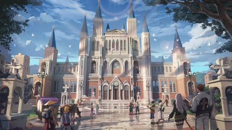 Magic Academy Concept Art, Anime Academy Building, Fantasy Academy Concept Art, Fantasy Academy Art, Fantasy Schools Of Magic, Magic Academy Art, Fantasy Academy Building, Academy Concept Art, Fantasy University