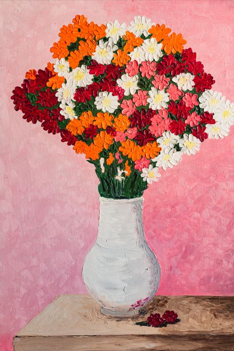 Table Painting, Floral Still Life, Colorful Oil Painting, Vase Of Flowers, Flowers Petals, White Vase, Textured Painting, Bouquet Of Flowers, White Vases